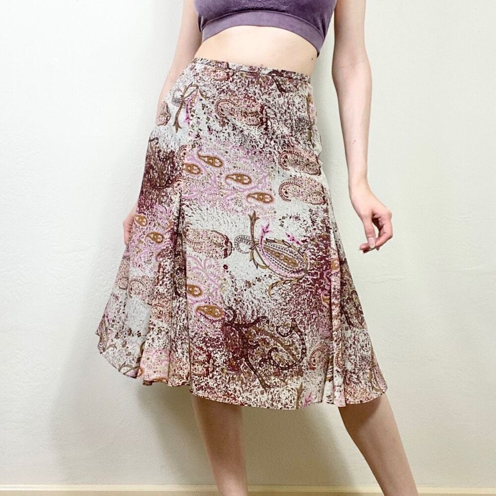 (L Petite) Coldwater Creek Y2k Style Brown & Pink Paisley Splattered ALine Skirt